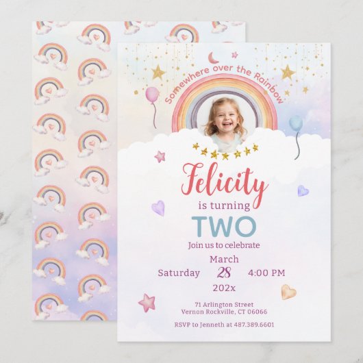 Pastel Rainbow Tie Dye Birthday Photo 招待状 (正面/裏面)