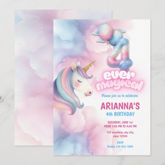 Pastel Rainbow Unicorn 4th Birthday Invitation 招待状 (正面/裏面)