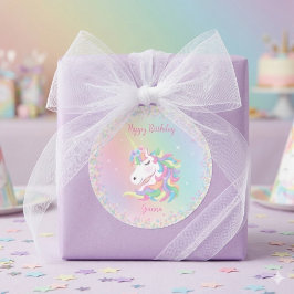 Pastel Rainbow Unicorn Happy Birthday ラウンドシール
