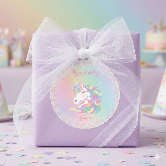 Pastel Rainbow Unicorn Happy Birthday ラウンドシール
