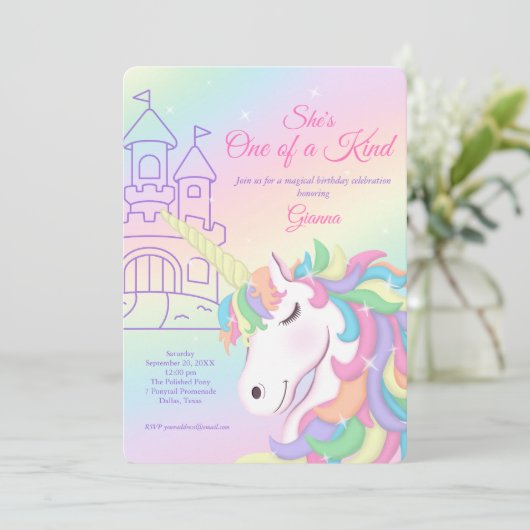 Pastel Rainbow Unicorn Magical Birthday 招待状 (スタンド正面)