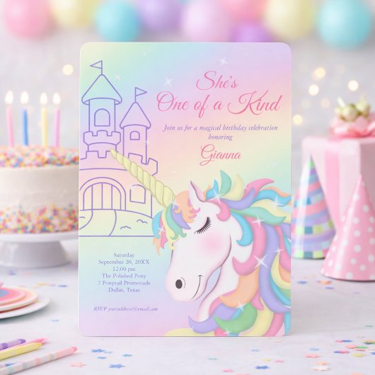 Pastel Rainbow Unicorn Magical Birthday 招待状