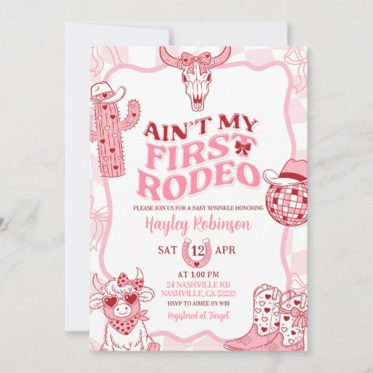 Pastel Retro Ain't My First Rodeo Baby Sprinkle 招待状 (正面)