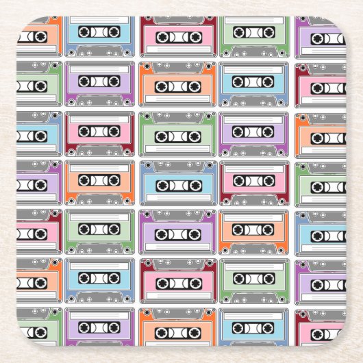 Pastel Retro Cassette Tapes Pattern スクエアペーパーコースター (正面)