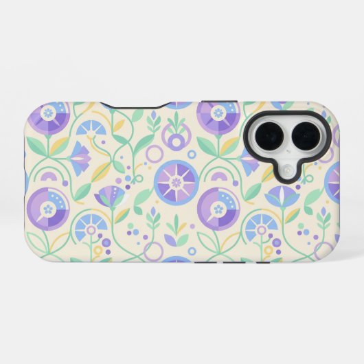 Pastel Retro Floral Pattern Lavender Mint iPhone 16ケース (裏面横)