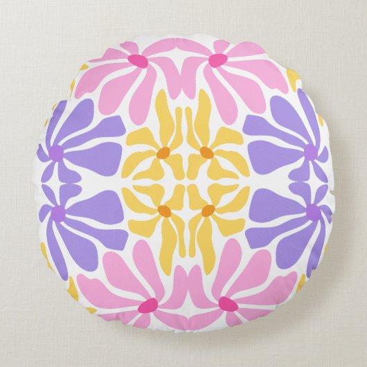 Pastel Retro Floral - Vibrant Kaleidoscope Pattern ラウンドクッション (正面)