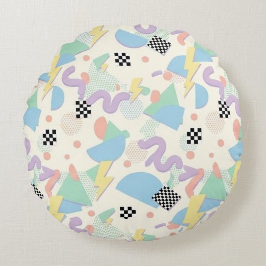 Pastel Retro Memphis Pattern Swirls ラウンドクッション (正面)