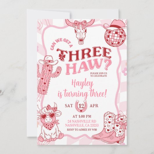 Pastel Retro Threehaw Cowgirl Birthday party 招待状 (正面)