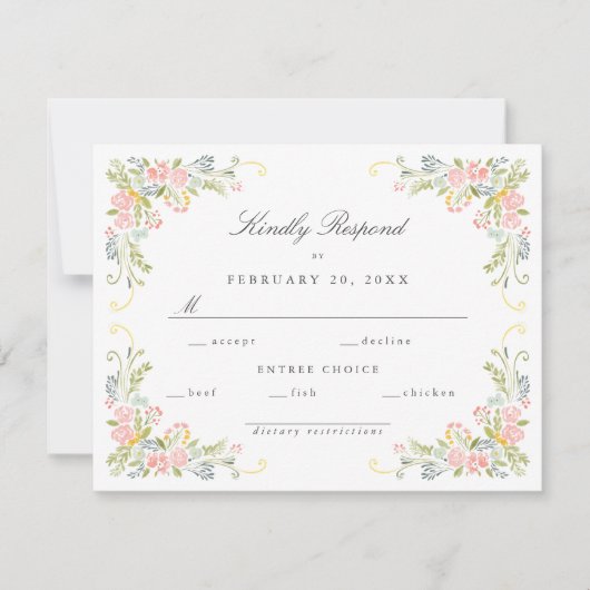 Pastel Rococo Garden Ornate Floral Wedding 出欠カード (正面)