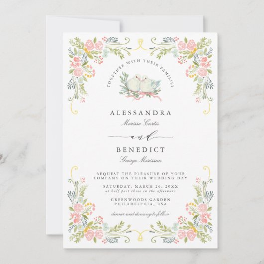 Pastel Rococo Garden Ornate Floral Wedding QR 招待状 (正面)