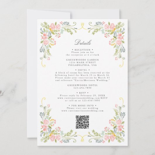 Pastel Rococo Garden Ornate Floral Wedding QR 招待状 (裏面)