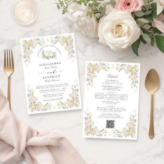 Pastel Rococo Garden Ornate Floral Wedding QR 招待状