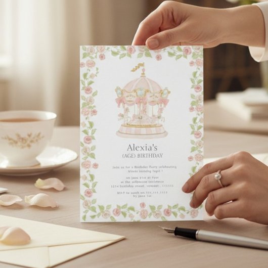 Pastel Rose Garden Carousel Birthday Party 招待状