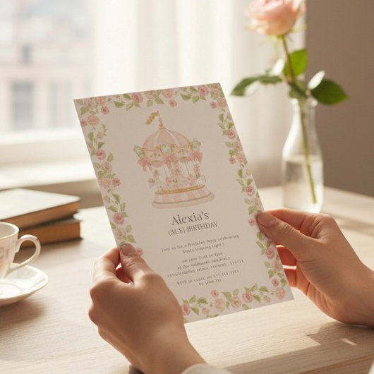 Pastel Rose Garden Carousel Birthday Party 招待状