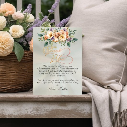 Pastel Sage - Floral & Gold Tiara Quinceanera サンキューカード