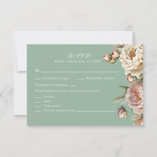 Pastel Sage Green and Blush Pink Peonies RSVP Card (正面)