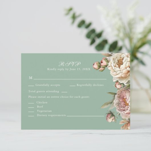 Pastel Sage Green and Blush Pink Peonies RSVP Card (スタンド正面)