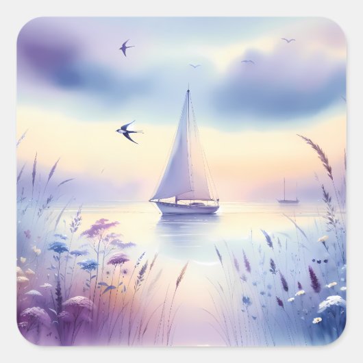 Pastel Sailboat Coastal Dreamscape スクエアシール (正面)