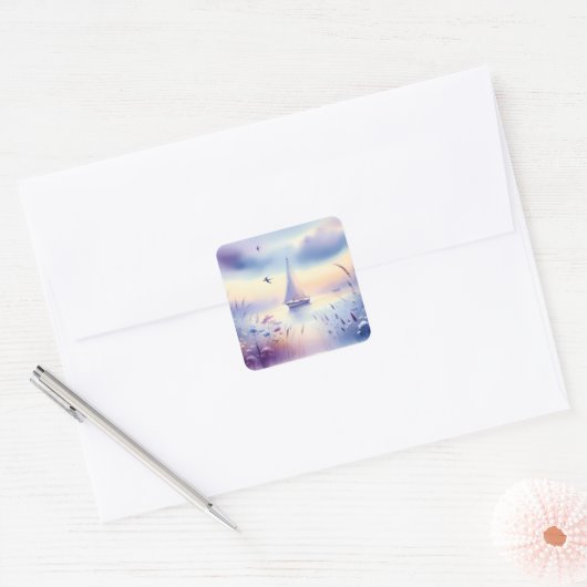 Pastel Sailboat Coastal Dreamscape スクエアシール (封筒)