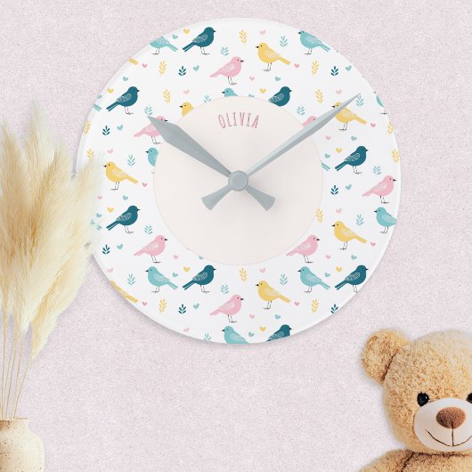 Pastel Scandi Birds Pattern Custom Name Nursery ラウンド壁時計