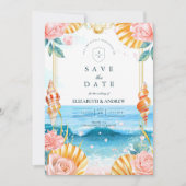 Pastel Seashell Coastal Waters Wedding セーブザデート (正面)