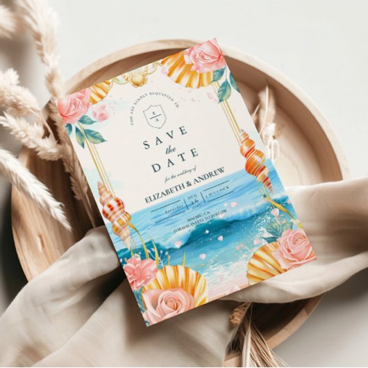 Pastel Seashell Coastal Waters Wedding セーブザデート