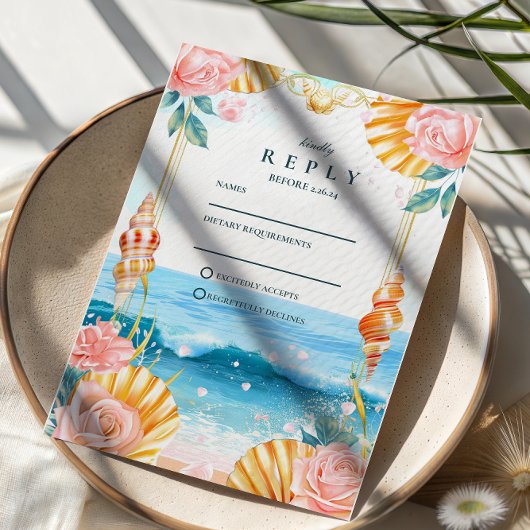 Pastel Seashell Coastal Waters Wedding 出欠カード