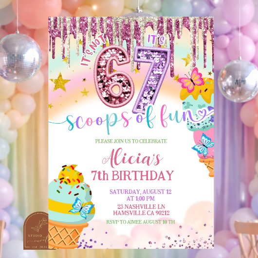  Pastel Sequin 67 Ice Cream birthday Invitation 招待状