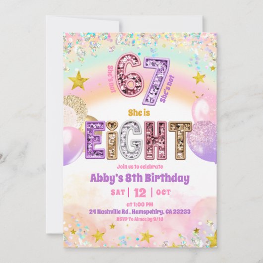 Pastel Sequin Glitter 67 Girl 8th Birthday 招待状 (正面)