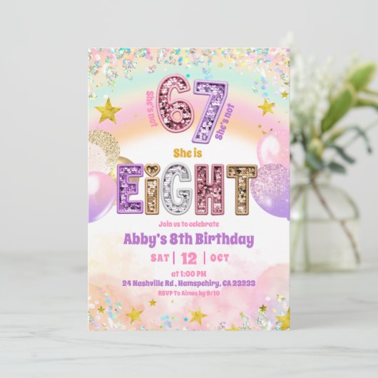 Pastel Sequin Glitter 67 Girl 8th Birthday 招待状 (スタンド正面)