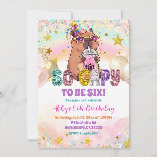 Pastel Sequin Glitter Capybara Birthday Invitation 招待状 (正面)