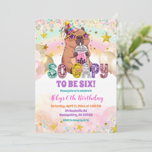 Pastel Sequin Glitter Capybara Birthday Invitation 招待状 (スタンド正面)