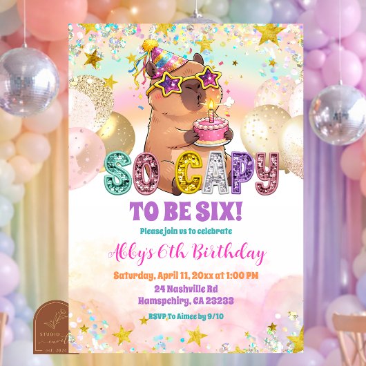 Pastel Sequin Glitter Capybara Birthday Invitation 招待状
