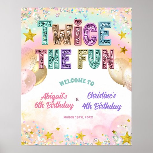 Pastel Sequin Glitter Double Birthday Welcome Sign ポスター (正面)