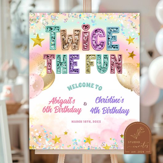 Pastel Sequin Glitter Double Birthday Welcome Sign ポスター