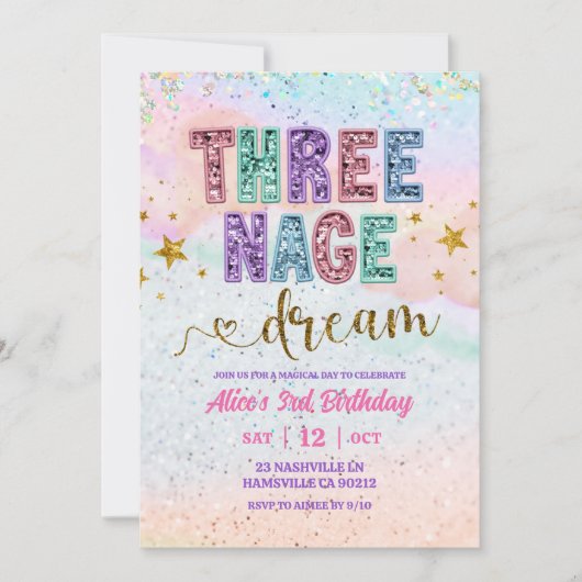 Pastel Sequin Glitter Threenage Dream Birthday 招待状 (正面)