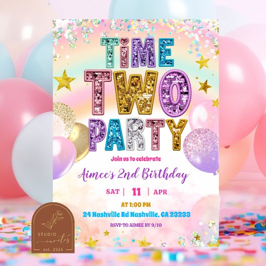 Pastel Sequin Glitter Time TWO Party Invitation 招待状