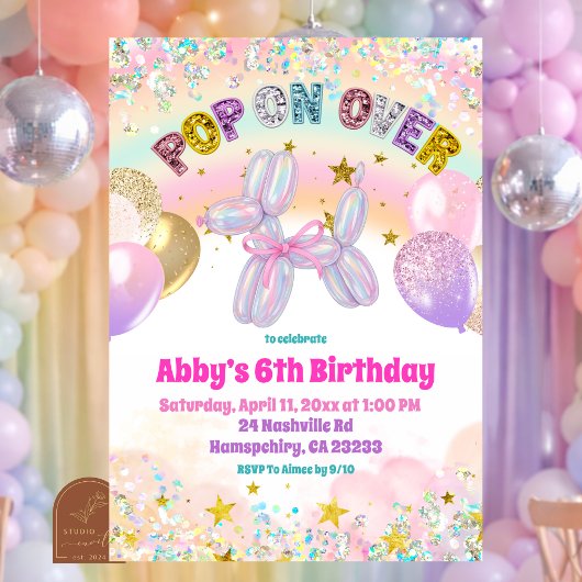 Pastel Sequins Pop On Over Dog Balloon Invitation 招待状