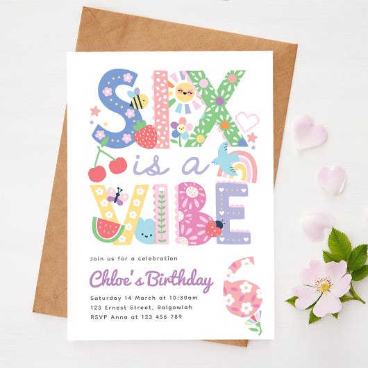 Pastel Sixth Birthday Invite Girl, Six is the Vibe 招待状