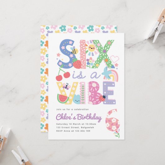 Pastel Sixth Birthday Invite Girl, Six is the Vibe 招待状 (正面/裏面インサイチュ)