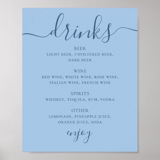 Pastel Sky Blue Modern Wedding Bar Drinks Sign ポスター (正面)