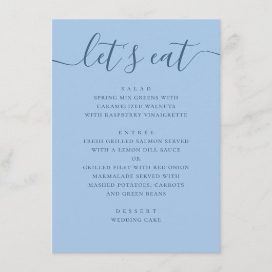 Pastel Sky Blue Wedding. Lets Eat Reception Dinner メニュー (正面)