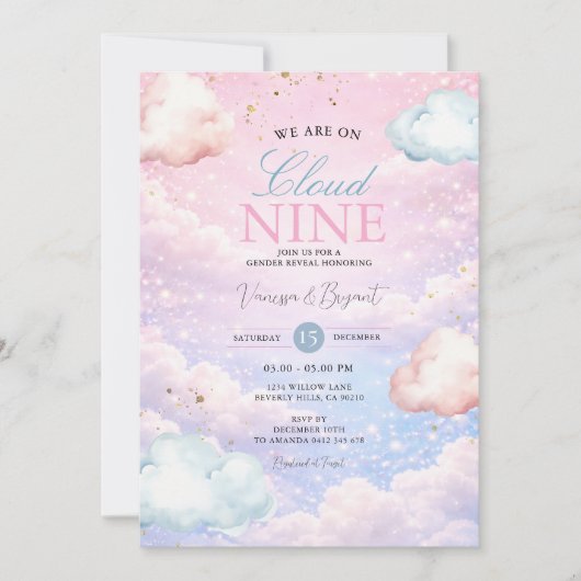 Pastel Sky Cloud Nine Gender Reveal Invitation 招待状 (正面)
