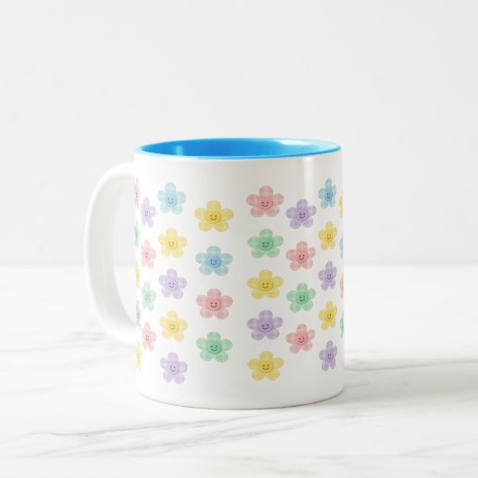 Pastel Smiley Flower Pattern – Cute Gingham ツートーンマグカップ (正面左)