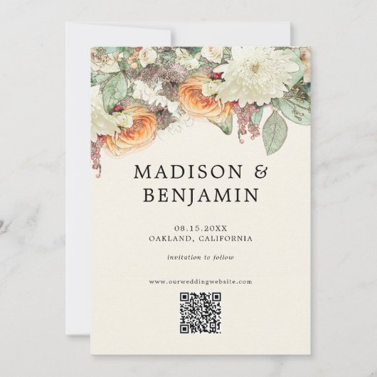 Pastel Soft Floral Eucalyptus Rose Wedding QR Code セーブザデート (正面)