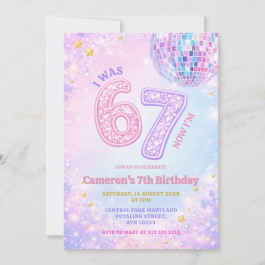 Pastel Sparkle Disco Glam 67 Kids Birthday Party 招待状 (正面)