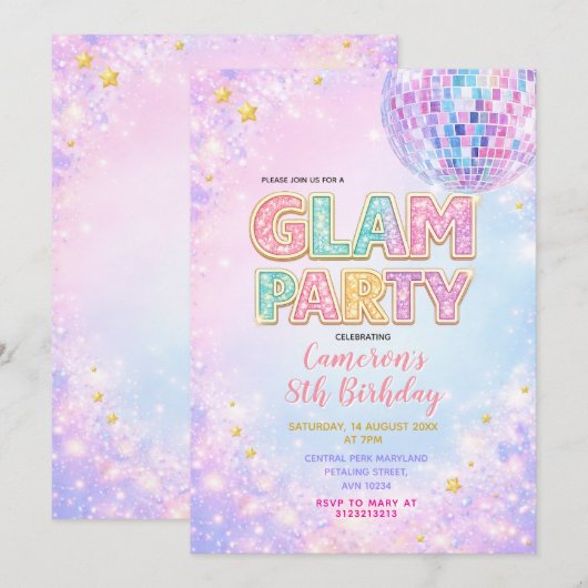 Pastel Sparkle Disco Glam Kids Birthday Party 招待状 (正面/裏面)