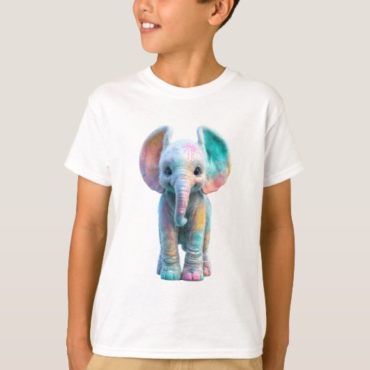 Pastel Splattered Rainbow Baby Elephant Kids Tシャツ (正面)