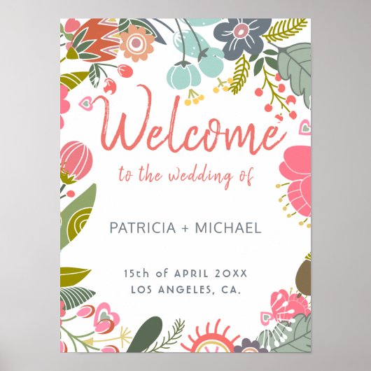 Pastel spring meadow blooms welcome wedding sign ポスター (正面)