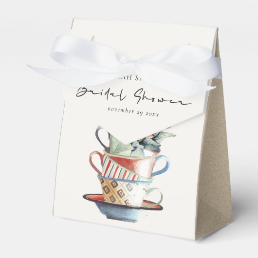 Pastel Stacked Cups Floral Bridal Shower Tea Party フェイバーボックス (正面サイド)